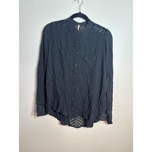 Free People Black Lace Crochet Detail Button Up Long Sleeve Shirt Top XS